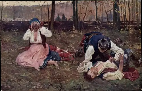 Künstler Ak Wodzinowski, W., Zwei Männer kämpfen miteinander, Frau auf dem Boden sitzend