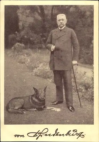 Ak Reichspräsident Paul von Hindenburg, Portrait mit Hund