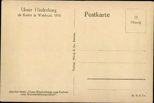 Ak Generalfeldmarschall Paul von Hindenburg, Kadett in Wahlstatt 1860