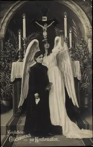 Ak Glückwunsch Konfirmation, Mädchen mit Engel vor einem Altar