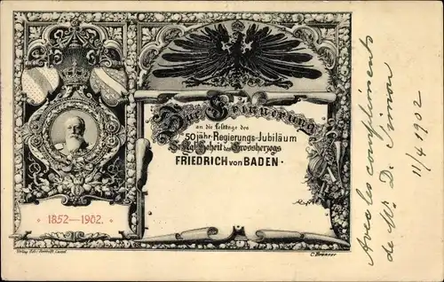 Ak 50. Regierungsjubiläum Großherzog Friedrich I. von Baden 1902, Portrait, Wappen