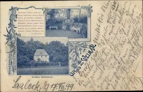 Ak Weimar in Thüringen, Goethes Gartenhaus, Brunnen, Gedicht von Goethe