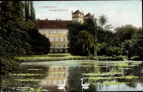 Ak Lübbenau im Spreewald, Schloss, Parkseite, Uferpartie