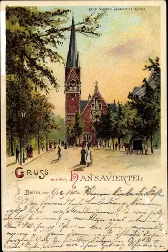 Litho Berlin Tiergarten, Kaiser Friedrich Gedächtniskirche, Straßenansicht