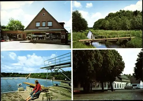 Ak Meyn in Schleswig Holstein, Gemischtwaren, Brückenpartie, Schwimmbad
