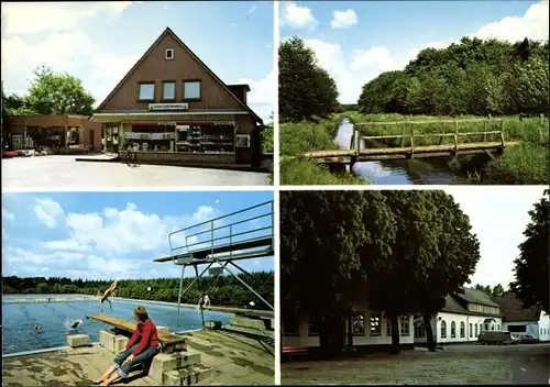 Ak Meyn in Schleswig Holstein, Gemischtwarenladen, Brückenpartie, Schwimmbad
