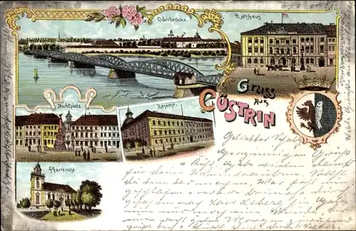 Litho Kostrzyn nad Odrą Cüstrin Ostbrandenburg, Rathaus, Marktplatz, Kaserne, Pfarrkirche, Brücke