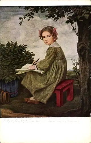 Künstler Ak Zumbusch, Ludwig von, Johanna, Mädchen mit Schreibheft auf einem Hocker sitzend