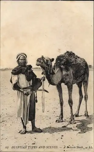 Ak Ägypten, Egyptian Types and Scenes, A Bedouin Sheik, Beduine mit Kamel