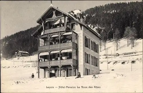 Ak Leysin Kt. Waadt Schweiz, Hotel Pension La Rose des Alpes, Winteransicht