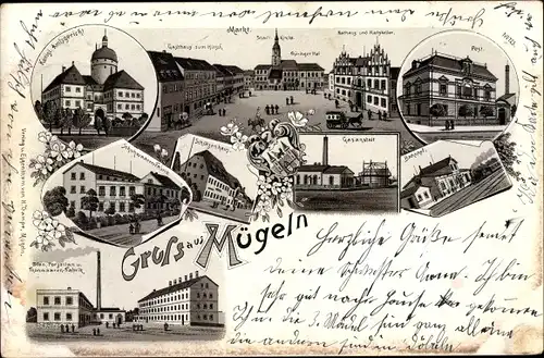 Litho Mügeln in Nordsachsen, Königl. Amtsgericht, Markt, Gasthaus zum Hirsch, Gasanstalt, Post