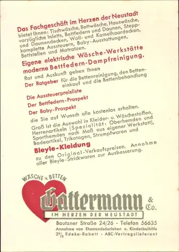 Ak Reklame für Hattermann und Co.,Wäsche und Betten, Bautzner Straße 24