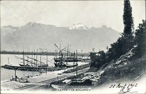 Ak Le Bouveret Kt. Wallis Schweiz, Lac Leman, Genfersee, Hafenpartie, Bahnstrecke