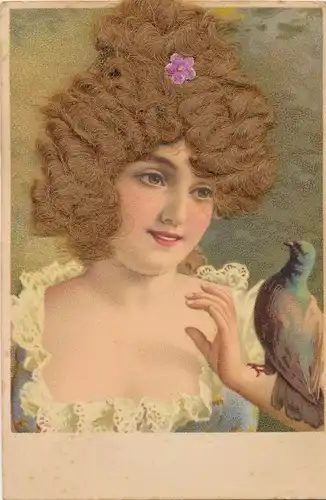 Echthaar Litho Frauenportrait mit Taube