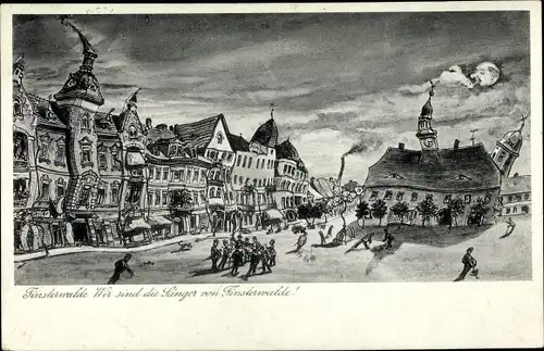 Künstler Ak Finsterwalde in Brandenburg, Sänger, verzerrte Stadt, Betrunkene