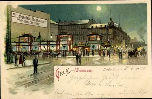 Mondschein Litho Berlin Mitte, Weidendamm bei Nacht, Stadtgarten Restaurant