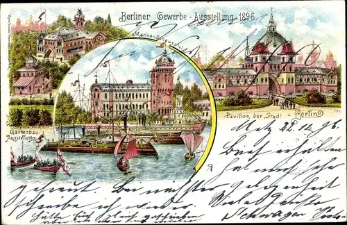 Litho Berlin Treptow, Berliner Gewerbeausstellung 1896, Marineschauspiel, Gartenbauausstellung
