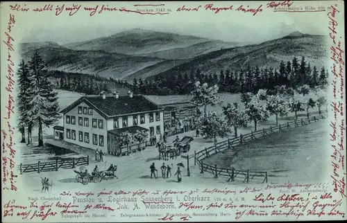Mondschein Litho Sonnenberg Braunlage im Oberharz, Pension u. Logierhaus