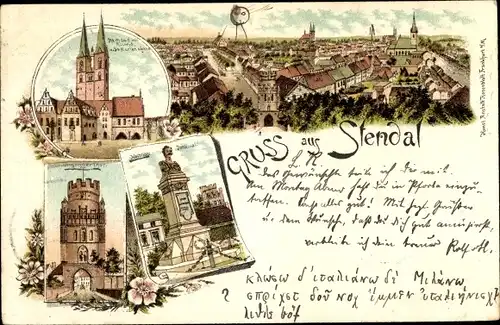 Litho Stendal in Sachsen Anhalt, Rathaus, Roland, St. Marienkirche, Unglinger Tor, Denkmal