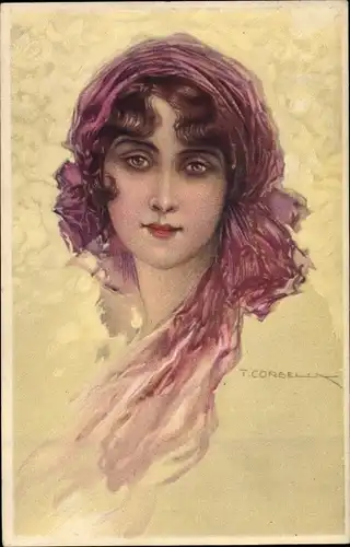 Künstler Ak Corbella, T., Dame mit Kopftuch, Portrait