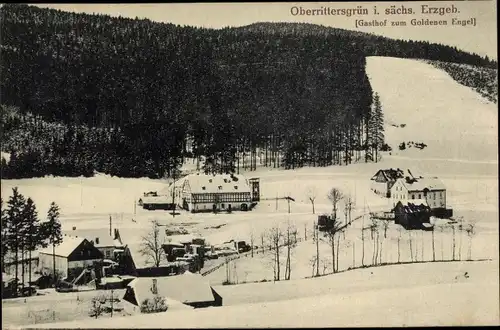 Ak Oberrittersgrün Rittersgrün Breitenbrunn Erzgebirge, Gasthof zum Goldenen Engel, Schnee, Winter