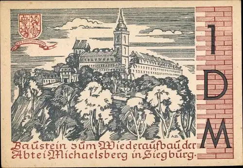 Wappen Ak Siegburg im Rhein Sieg Kreis, Abtei Michaelsberg, Baustein zum Wiederaufbau, 1 DM