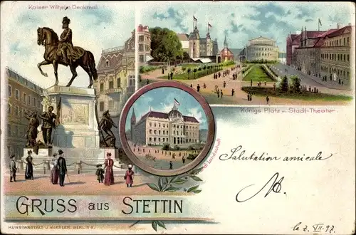 Litho Szczecin Stettin Pommern, Kaiser Wilhelm Denkmal, Königsplatz, Stadttheater, Generallandschaft