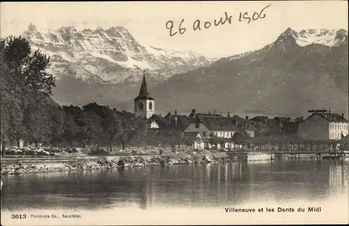 Ak Villeneuve Kt. Waadt Schweiz, Stadt mit Landschaftsblick, Dents du Midi