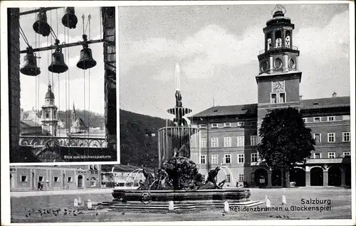 Ak Salzburg in Österreich, Residenzbrunnen und Glockenspiel, Blick vom Glockenspielturm
