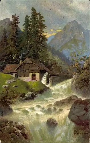 Künstler Litho Kämmerer, Rob., Wassermühle an einem Fluss, Gebirge