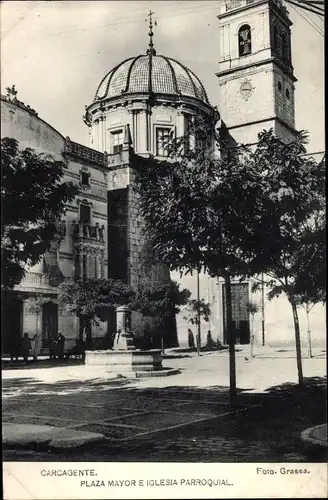 Ak Carcaixent Valencia Stadt Spanien, Plaza Mayor e Iglesia Parroquial