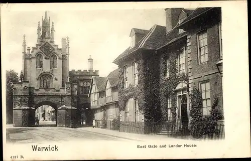 Ak Warwick Warwickshire England, East Gate and Landor House