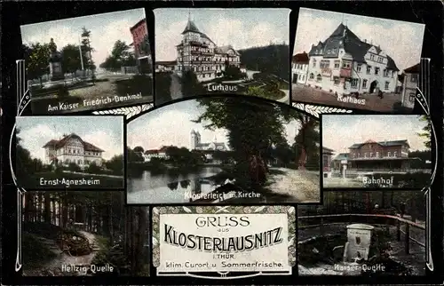 Ak Bad Klosterlausnitz in Thüringen, Kaiser Friedrich Denkmal, Kurhaus, Rathaus, Bahnhof