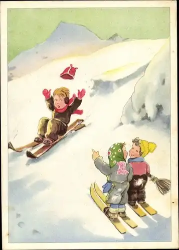 Künstler Ak Skiläufer auf der Piste, Kinder