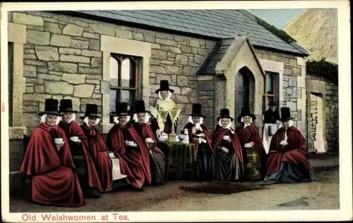 Ak Wales, Old Welshwomen at Tea, Trachten