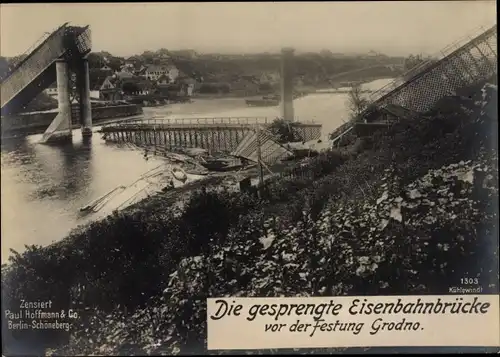 Riesen Ak Hrodna Grodno Weißrussland, Gesprengte Eisenbahnbrücke vor der Festung