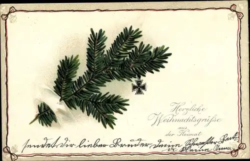 Präge Litho Glückwunsch Weihnachten, Tannenzweig, Eisernes Kreuz, EAS K 2111