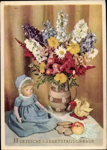 Ak Glückwunsch Geburtstag, Blumenvase, Puppe