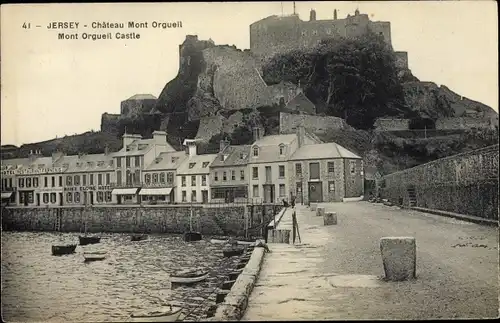 Ak Jersey Kanalinseln, Chateau Mont Orgueil, Quai, maisons