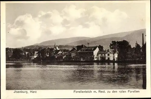 Ak Ilsenburg am Nordharz, Forellenteich mit Restaurant zu den roten Forellen