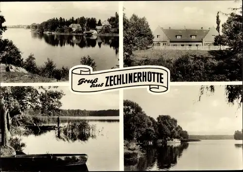Ak Zechlinerhütte Rheinsberg in Brandenburg, Uferpartie, Gasthaus, Steg, Ruderboote