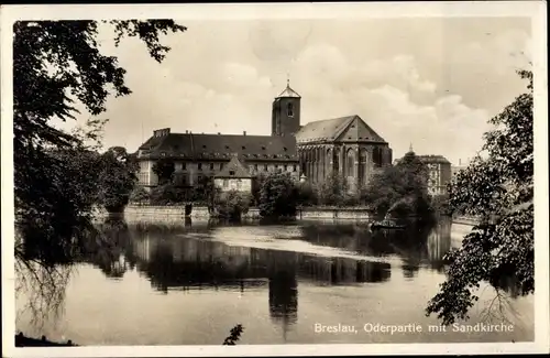 Ak Wrocław Breslau Schlesien, Oderpartie mit Sandkirche