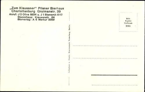 Ak Berlin Charlottenburg, Pilsener Bierhaus Zum Klaussner, Barbarossa Ecke, Grolmanstraße 39