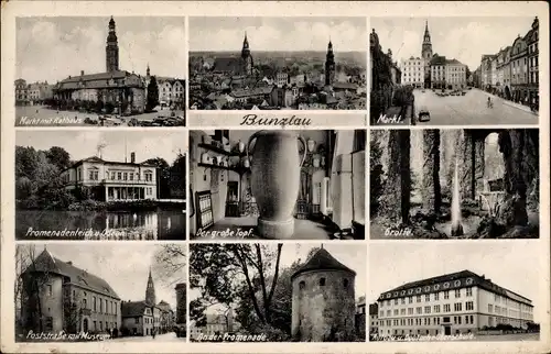 Ak Bolesławiec Bunzlau Schlesien, Markt mit Rathaus, Grotte, Der große Topf, Deutsche Oberschule