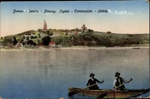 Ak Zemun Semlin Belgrad Beograd Serbien, Totalansicht, zwei Männer im Ruderboot