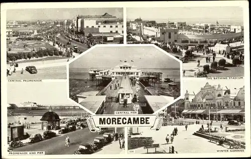 Ak Morecambe North West England, Central Promenade, Winter Gardens, Bathing Stadium