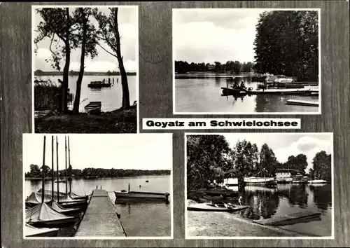 Ak Goyatz Schwielochsee Brandenburg, Bootshafen, Anlegestelle, Kajak am Ufer