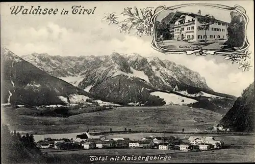 Ak Walchsee in Tirol, Total mit Kaisergebirge, Gasthof Zur Post