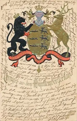 Präge Wappen Litho Gruß aus dem Württemberger Land, Löwe, Hirsch