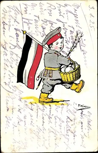 Künstler Ak Kaskeline, F., Kind in Uniform mit Fahne, Eier im Korb